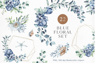 Blue Floral Set nautical style. Wedding summer clipart PNG