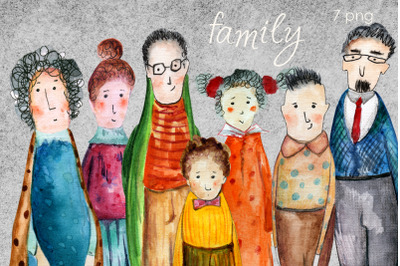 Watercolor illustrations of the family