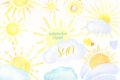 Watercolor Sun PNG clipart | Summer Clip art Bundle | Cloud.