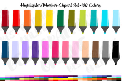 100 Highlighters Clipart Set, Highlighter Marker Clipart PNG