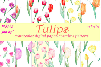 Tulips seamless pattern | Watercolor spring flower paper.