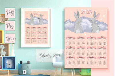 Calendar 2023 with cute rabbits