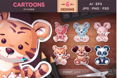 Kids Animal Stickers Bundle | Cartoon Characters Clipart PNG