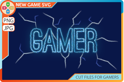 Gamer text sublimation with lightning effects and electrical currents.
