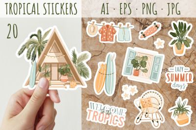 Summer tropical stickers. Printable stickers for Cricut