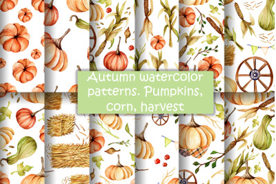 Autumn watercolor patterns. Pumpkins, corn, harvest