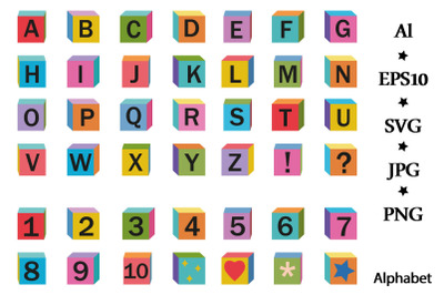 The font is an alphabet of letter blocks. Letters and number
