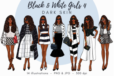 Black and white girls 4 - dark skin Watercolor Fashion Clipart