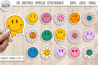 Retro Smile Face Sticker Bundle | Positive Stickers in PNG