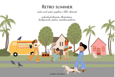 retro summer clip art, black girl roller skates, skateboarding clipart