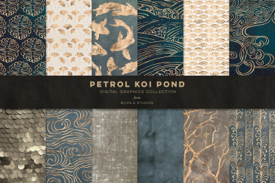 Petrol Koi Pond: 12 Aquatic Clipart Backgrounds with Japanese Style