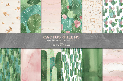 Cactus Greens: Succulent Watercolour Patterns &amp; Texture Clipart Set
