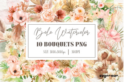 Boho Flowers Watercolor Bouquets Bundle