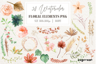 Boho Flowers Watercolor Elements Bundle