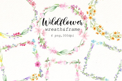 Wildflower Frame Clipart , Watercolor wildflowers wreath png.