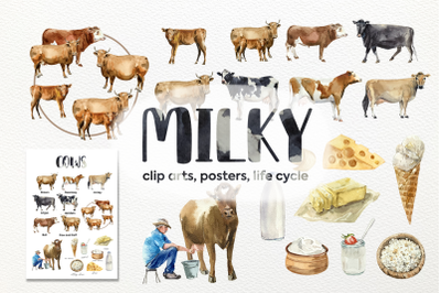 Watercolor Cow Clip arts, Posters, Life Cycle