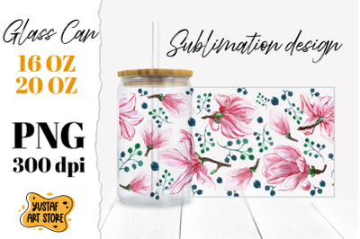 Magnolia Flowers Glass Can Sublimation.