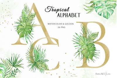 Greenery alphabet with tropical leaves