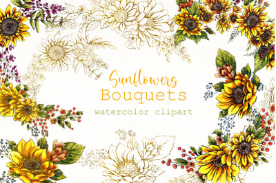 Watercolor Sunflower bouquets clipart | Summer Floral Png.