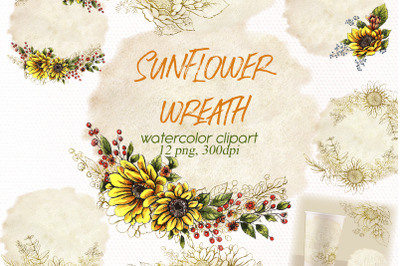Watercolor Sunflower wreath clipart | Summer Floral Png.
