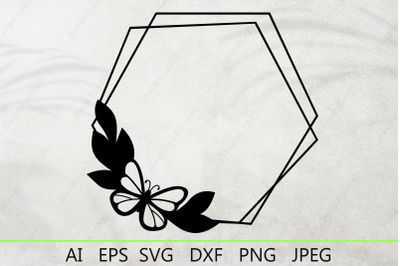 Butterfly geometric border svg, Monogram hexagon frame svg