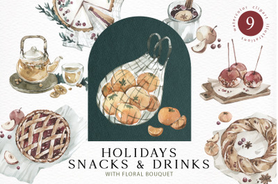 HOLIDAYS SNACKS &amp; DRINKS. Christmas Watercolor PNG clipart