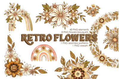 Watercolor retro flowers bouquets and elements.