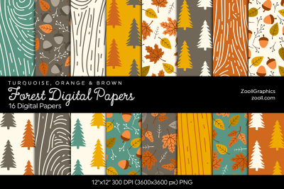 Forest Digital Papers - Turquoise, Orange &amp; Brown