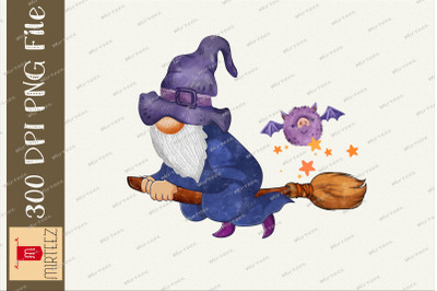 Witch Gnome Ride Broom Halloween Clipart