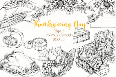 Thanksgiving black and white clipart | Fall png Bundle.