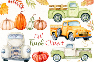 Fall Truck clipart, Watercolor Autumn harvest pumpkin png.