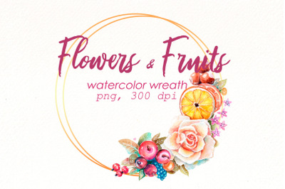 Summer Frame Clipart | Watercolor fruits and floral wreath.