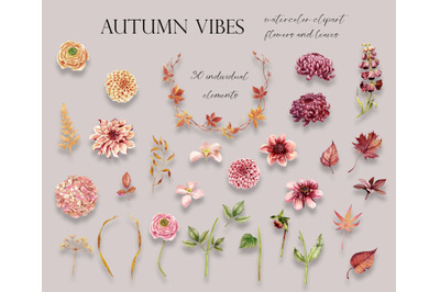 Watercolor Fall Floral Clipart&2C; Autumn Flowers&2C; Anemone&2C; Blush Dahlia&2C;