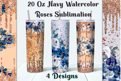 Tumbler Watercolor Navy and White Roses Sublimation.