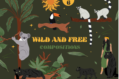 Wild and Free Compositions Vector Illustrations