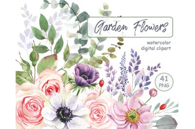 Spring Watercolor flowers clipart, anemone, roses, eucalyptus, green