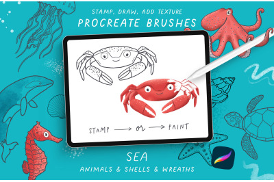 Sea Animals Procreate Brushes, Stamp, Draw, add Texure