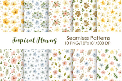 Watercolor Tropical Flowers Seamless Patterns.