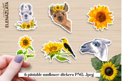 Animals, llamas Stickers | 6 printable sunflower stickers