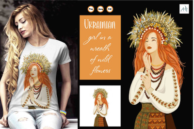 Hand drawn t-shirt. Ukrainian girl with a wreath of wild flowers