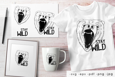 Bear on white background with say wild. Design for printing