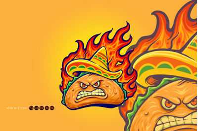 Angry delicious mexican taco with blazing fire illustrations