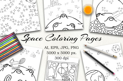 6 Coloring Pages For Kids. Outer Space Illustrations.