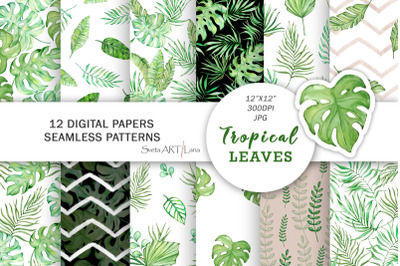 Tropical leaves watercolor digital paper