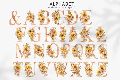 Watercolor floral sunflower fall alphabet clipart - 26 png