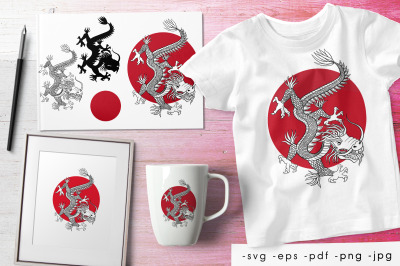 Japanese dragon  with red sun. Design for printing