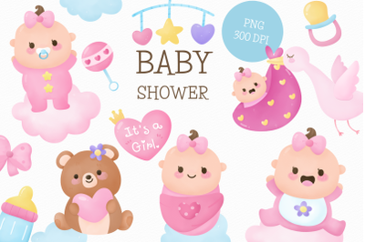 Watercolor Baby shower girl kawaii clipart baby born cartoon