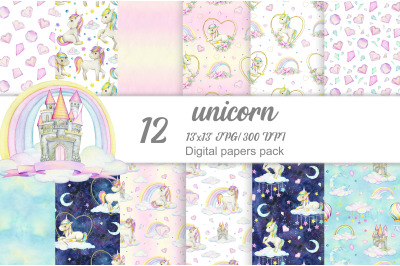 Unicorn Watercolor digital paper, Instant download, rainbow clip art ,