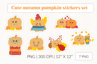 Cute Autumn Pumpkin Stickers Set. Cartoon Character Pumpkins.