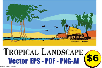 Tropical Landscape clipart &amp; vector  300 DPi EPS PDF PNG Ai